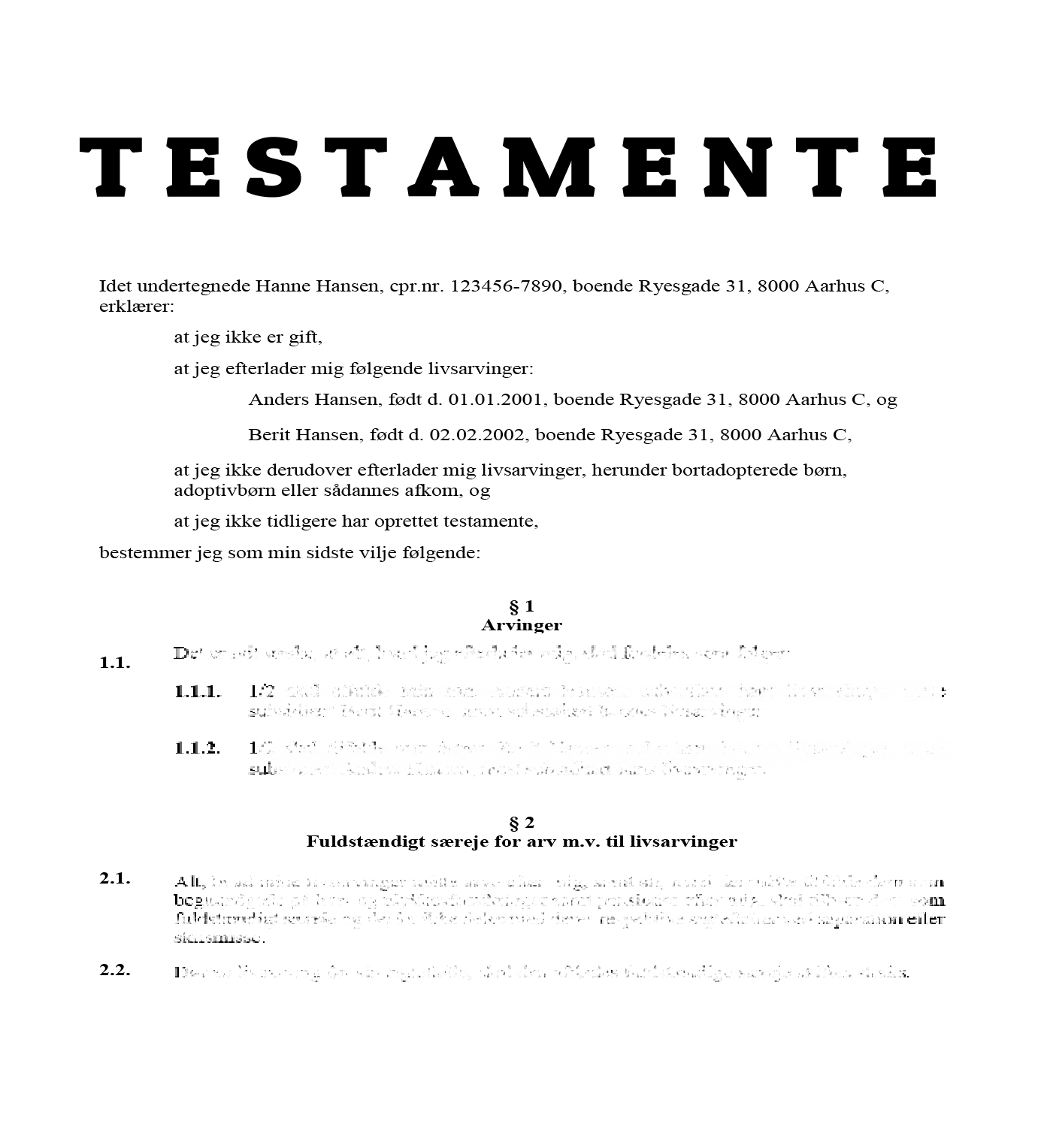 Eksempel på testamente